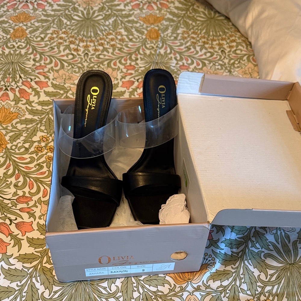 Olivia Miller Black Slip-On Mules with Clear Strap - Women's